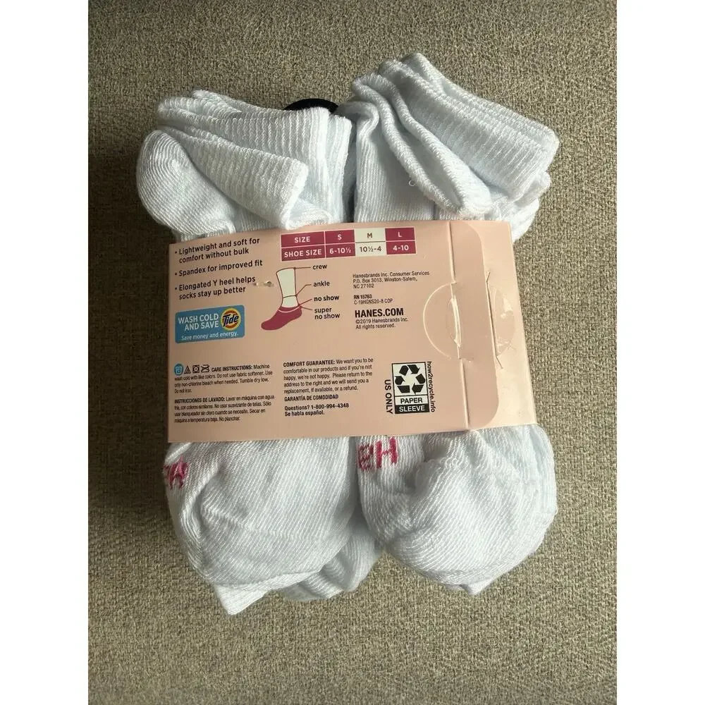 Hanes Girls 20 Pair White No Show Socks Size 10.5 To 4 Lightweight And Soft New